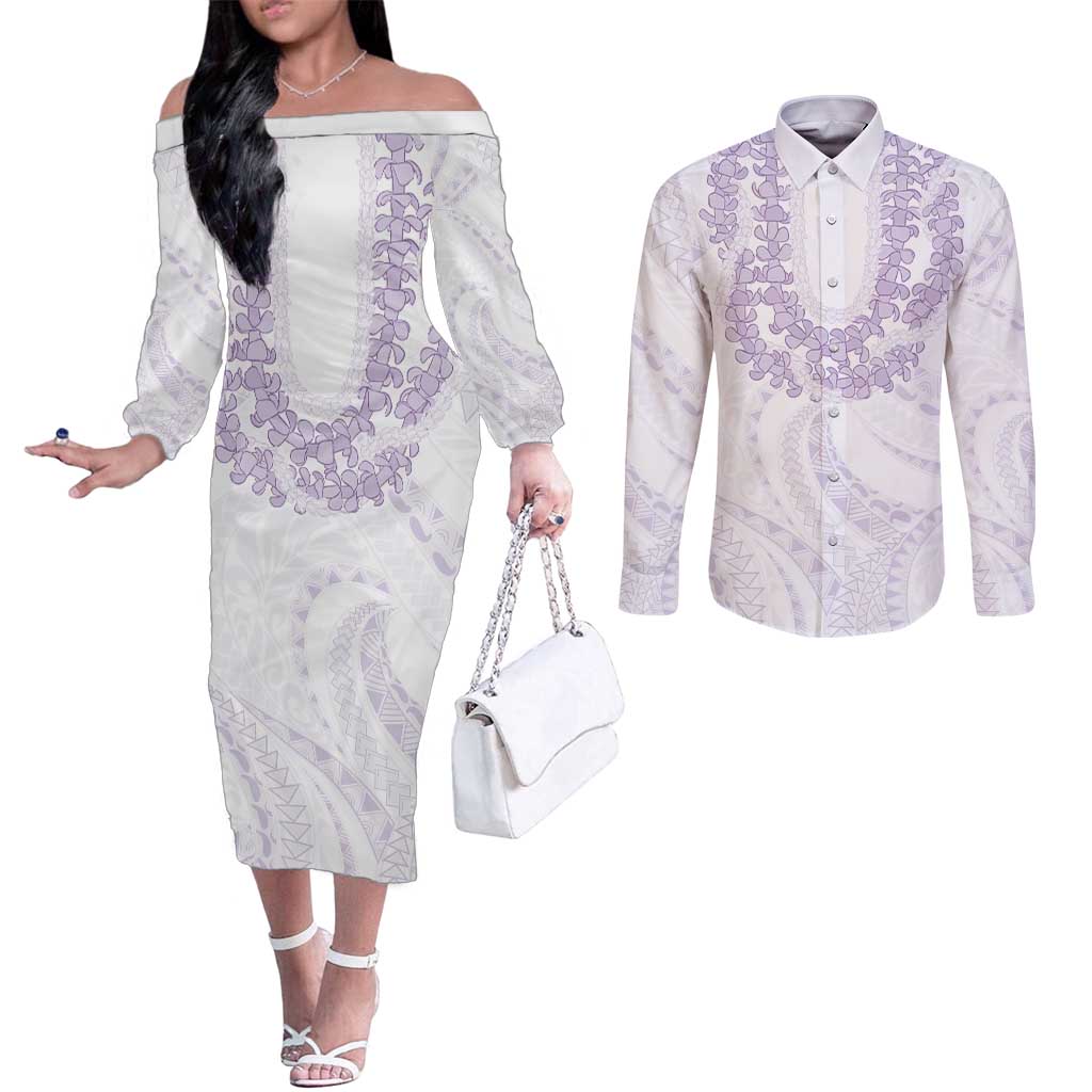 Aloha Lei Onaona Couples Matching Off The Shoulder Long Sleeve Dress and Long Sleeve Button Shirt Purple Hawaiian Tribal Pattern LT9 Purple - Polynesian Pride