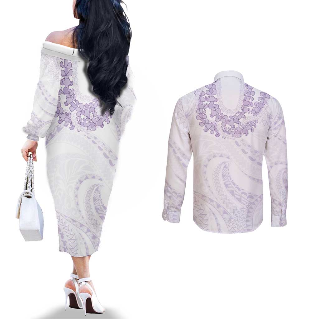 Aloha Lei Onaona Couples Matching Off The Shoulder Long Sleeve Dress and Long Sleeve Button Shirt Purple Hawaiian Tribal Pattern LT9 - Polynesian Pride