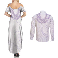Aloha Lei Onaona Couples Matching Summer Maxi Dress and Long Sleeve Button Shirt Purple Hawaiian Tribal Pattern LT9 - Polynesian Pride