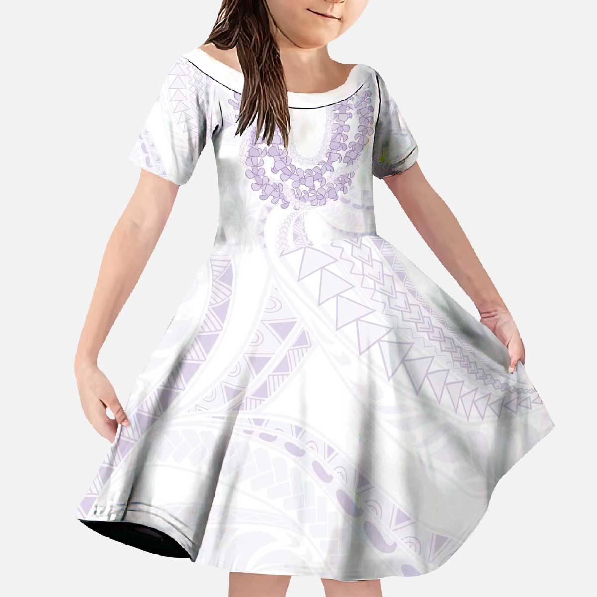 Aloha Lei Onaona Family Matching Off The Shoulder Long Sleeve Dress and Hawaiian Shirt Purple Hawaiian Tribal Pattern LT9 Daughter's Dress Purple - Polynesian Pride