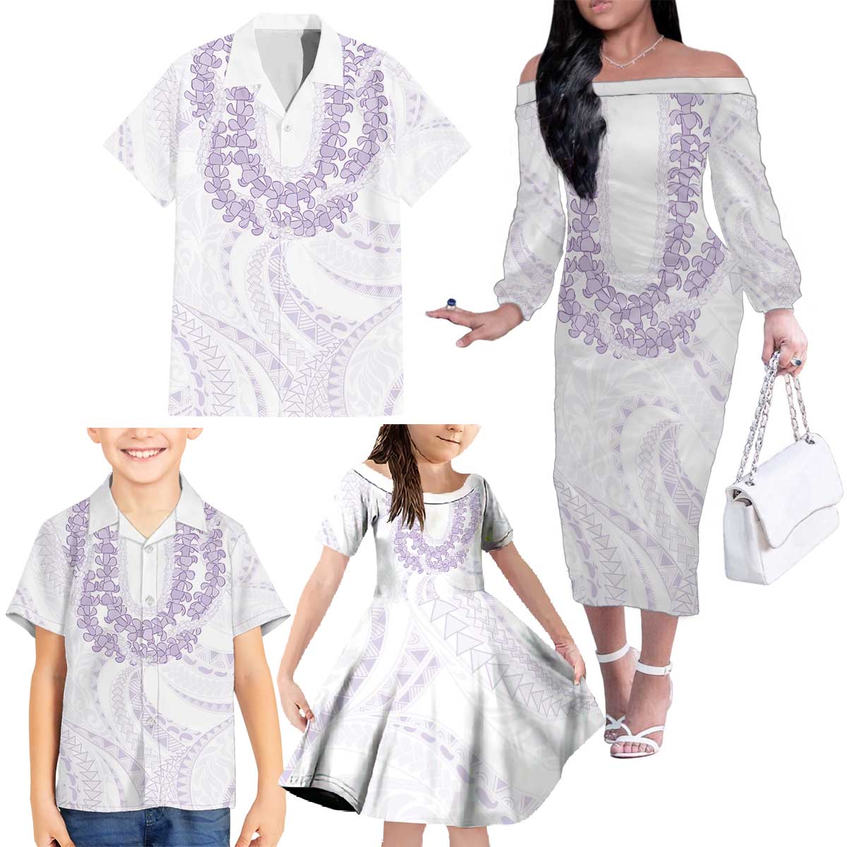 Aloha Lei Onaona Family Matching Off The Shoulder Long Sleeve Dress and Hawaiian Shirt Purple Hawaiian Tribal Pattern LT9 - Polynesian Pride