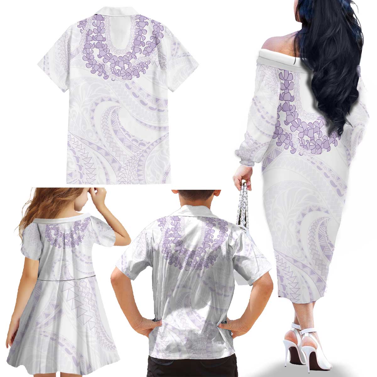 Aloha Lei Onaona Family Matching Off The Shoulder Long Sleeve Dress and Hawaiian Shirt Purple Hawaiian Tribal Pattern LT9 - Polynesian Pride