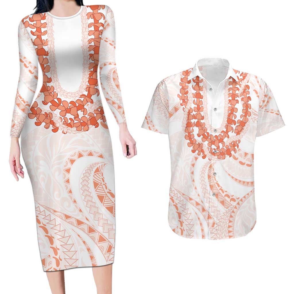 Aloha Lei Onaona Couples Matching Long Sleeve Bodycon Dress and Hawaiian Shirt Red Hawaiian Tribal Pattern