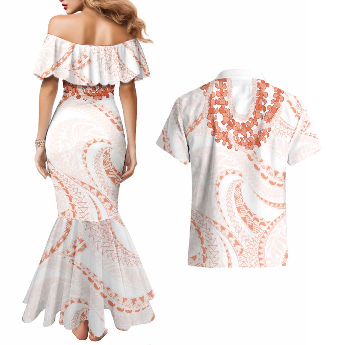 Aloha Lei Onaona Couples Matching Mermaid Dress and Hawaiian Shirt Red Hawaiian Tribal Pattern LT9 - Polynesian Pride