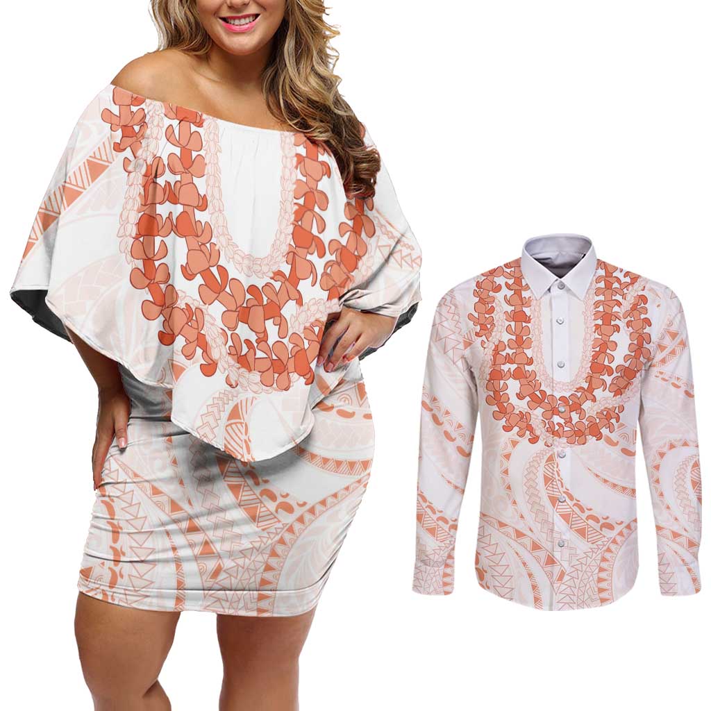 Aloha Lei Onaona Couples Matching Off Shoulder Short Dress and Long Sleeve Button Shirt Red Hawaiian Tribal Pattern