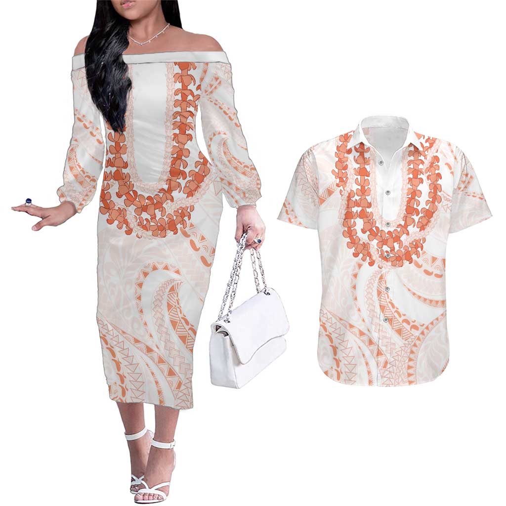 Aloha Lei Onaona Couples Matching Off The Shoulder Long Sleeve Dress and Hawaiian Shirt Red Hawaiian Tribal Pattern LT9 Red - Polynesian Pride