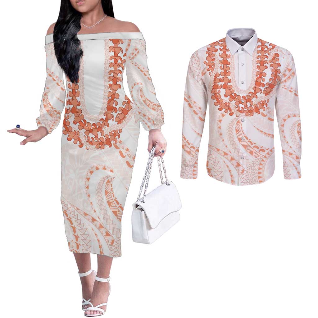 Aloha Lei Onaona Couples Matching Off The Shoulder Long Sleeve Dress and Long Sleeve Button Shirt Red Hawaiian Tribal Pattern LT9 Red - Polynesian Pride