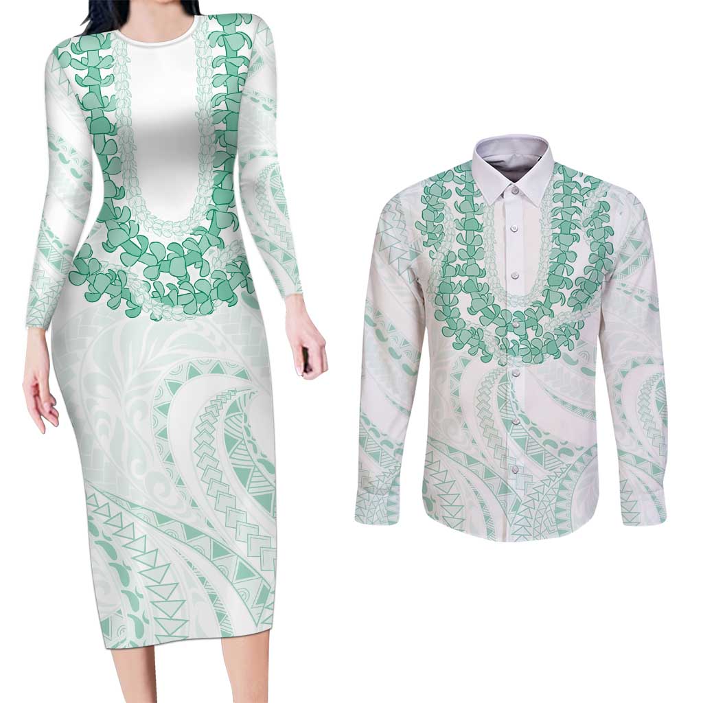 Aloha Lei Onaona Couples Matching Long Sleeve Bodycon Dress and Long Sleeve Button Shirt Sage Green Hawaiian Tribal Pattern LT9 Green - Polynesian Pride