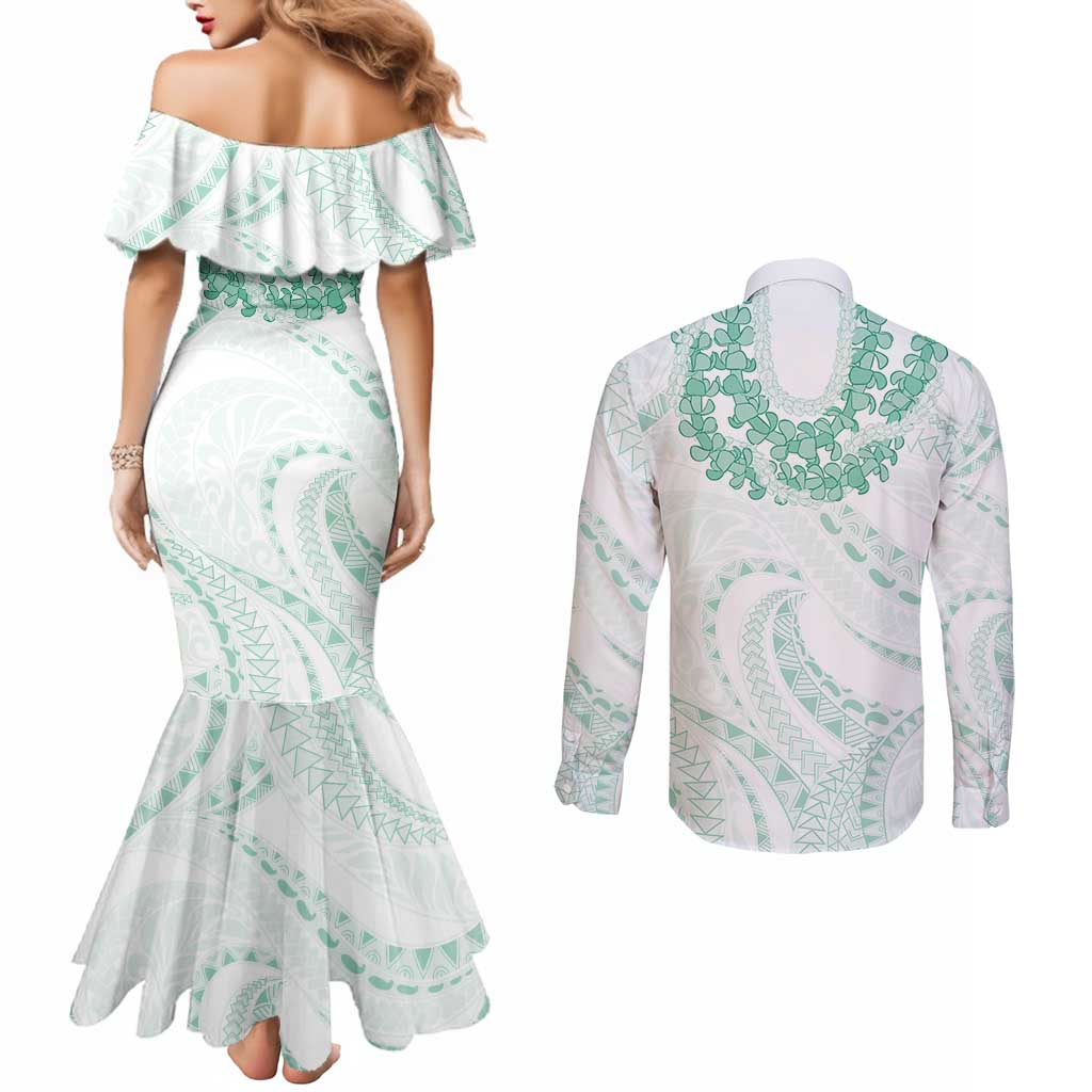 Aloha Lei Onaona Couples Matching Mermaid Dress and Long Sleeve Button Shirt Sage Green Hawaiian Tribal Pattern LT9 - Polynesian Pride