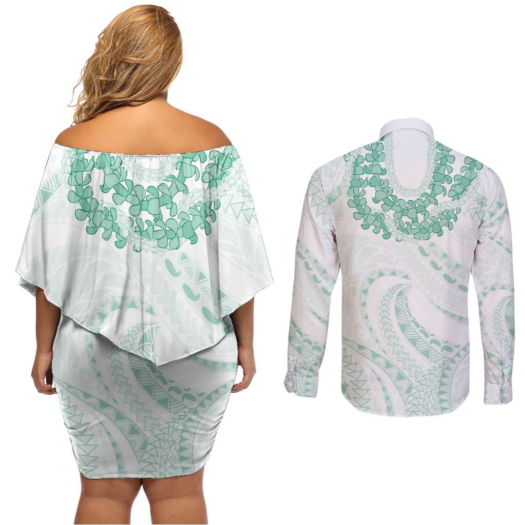 Aloha Lei Onaona Couples Matching Off Shoulder Short Dress and Long Sleeve Button Shirt Sage Green Hawaiian Tribal Pattern LT9 - Polynesian Pride