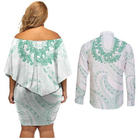 Aloha Lei Onaona Couples Matching Off Shoulder Short Dress and Long Sleeve Button Shirt Sage Green Hawaiian Tribal Pattern LT9 - Polynesian Pride