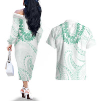 Aloha Lei Onaona Couples Matching Off The Shoulder Long Sleeve Dress and Hawaiian Shirt Sage Green Hawaiian Tribal Pattern LT9 - Polynesian Pride