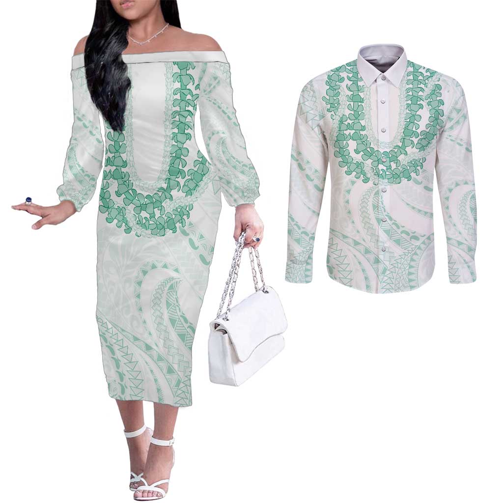 Aloha Lei Onaona Couples Matching Off The Shoulder Long Sleeve Dress and Long Sleeve Button Shirt Sage Green Hawaiian Tribal Pattern LT9 Green - Polynesian Pride