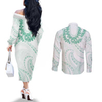 Aloha Lei Onaona Couples Matching Off The Shoulder Long Sleeve Dress and Long Sleeve Button Shirt Sage Green Hawaiian Tribal Pattern LT9 - Polynesian Pride
