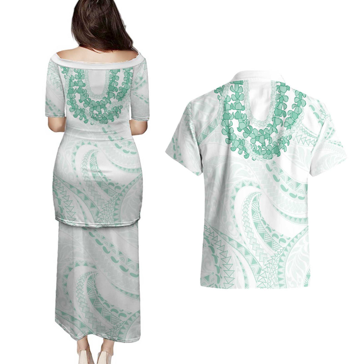Aloha Lei Onaona Couples Matching Puletasi and Hawaiian Shirt Sage Green Hawaiian Tribal Pattern LT9 - Polynesian Pride