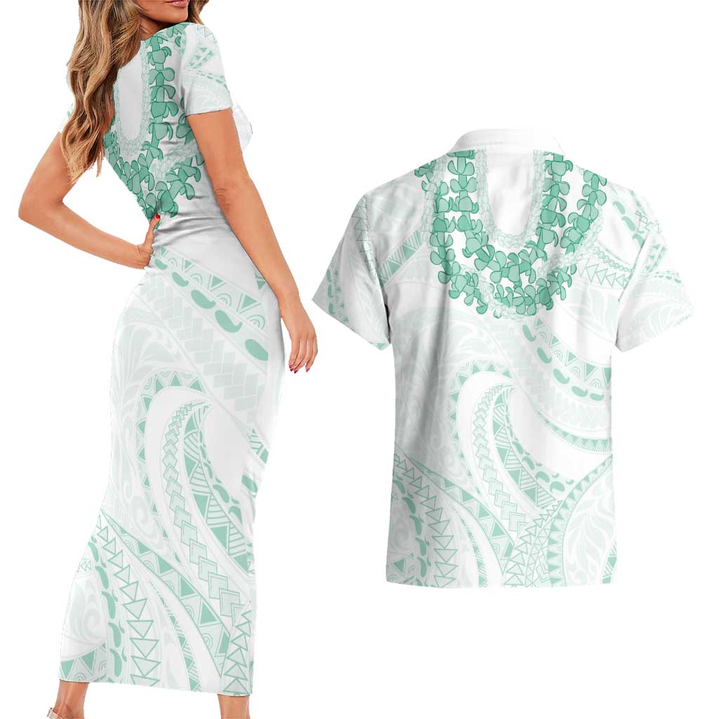Aloha Lei Onaona Couples Matching Short Sleeve Bodycon Dress and Hawaiian Shirt Sage Green Hawaiian Tribal Pattern LT9 - Polynesian Pride