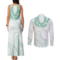 Aloha Lei Onaona Couples Matching Tank Maxi Dress and Long Sleeve Button Shirt Sage Green Hawaiian Tribal Pattern LT9 - Polynesian Pride