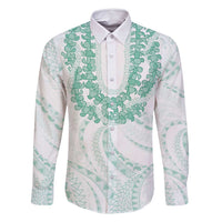 Aloha Lei Onaona Family Matching Off Shoulder Maxi Dress and Hawaiian Shirt Sage Green Hawaiian Tribal Pattern LT9 Dad's Shirt - Long Sleeve Green - Polynesian Pride