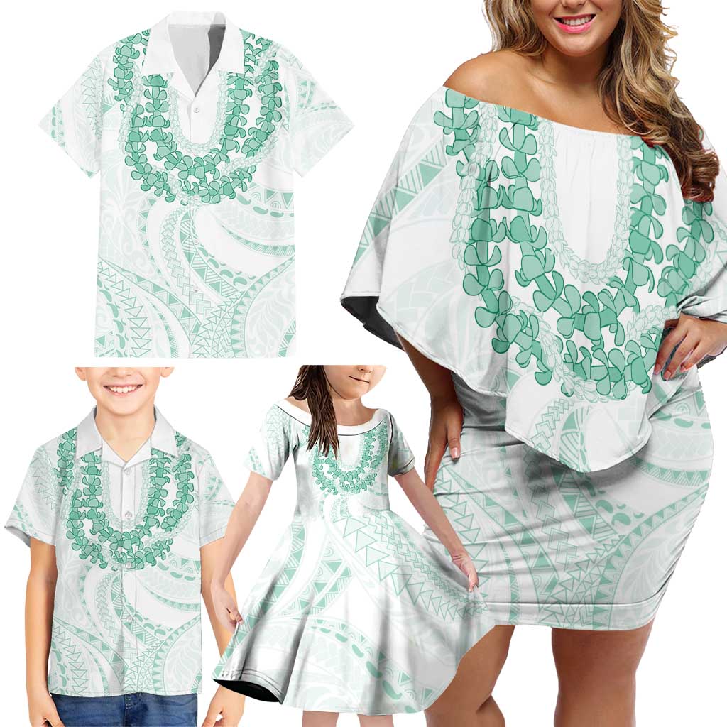 Aloha Lei Onaona Family Matching Off Shoulder Short Dress and Hawaiian Shirt Sage Green Hawaiian Tribal Pattern LT9 - Polynesian Pride