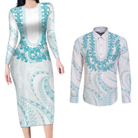 Aloha Lei Onaona Couples Matching Long Sleeve Bodycon Dress and Long Sleeve Button Shirt Teal Hawaiian Tribal Pattern LT9 Teal - Polynesian Pride