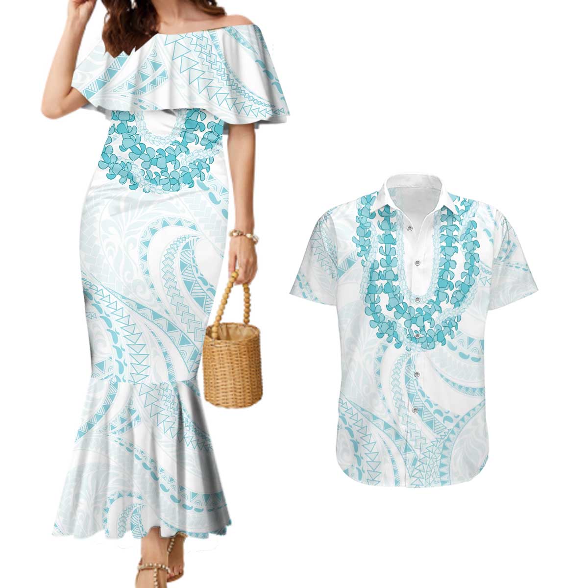 Aloha Lei Onaona Couples Matching Mermaid Dress and Hawaiian Shirt Teal Hawaiian Tribal Pattern LT9 Teal - Polynesian Pride
