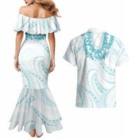 Aloha Lei Onaona Couples Matching Mermaid Dress and Hawaiian Shirt Teal Hawaiian Tribal Pattern LT9 - Polynesian Pride