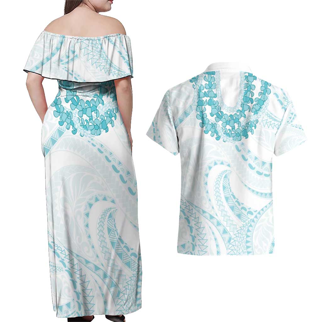 Aloha Lei Onaona Couples Matching Off Shoulder Maxi Dress and Hawaiian Shirt Teal Hawaiian Tribal Pattern LT9 - Polynesian Pride