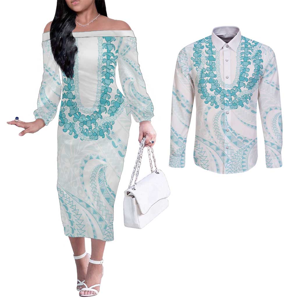 Aloha Lei Onaona Couples Matching Off The Shoulder Long Sleeve Dress and Long Sleeve Button Shirt Teal Hawaiian Tribal Pattern LT9 Teal - Polynesian Pride