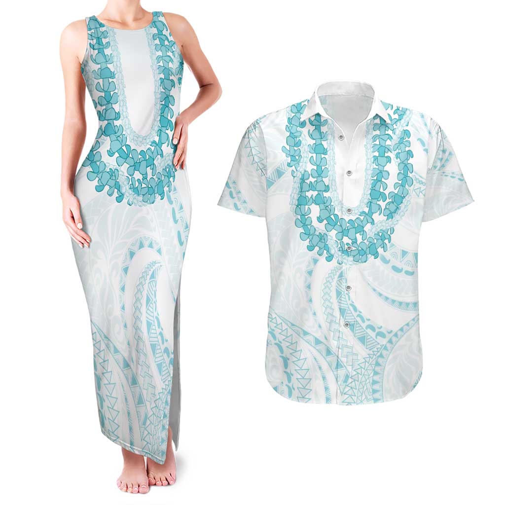 Aloha Lei Onaona Couples Matching Tank Maxi Dress and Hawaiian Shirt Teal Hawaiian Tribal Pattern LT9 Teal - Polynesian Pride