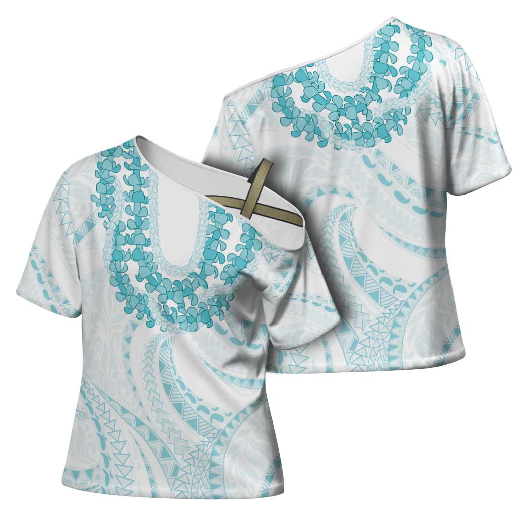 Aloha Lei Onaona Cross Shoulder Shirt Teal Hawaiian Tribal Pattern LT9 - Polynesian Pride