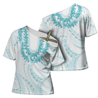 Aloha Lei Onaona Cross Shoulder Shirt Teal Hawaiian Tribal Pattern LT9 - Polynesian Pride