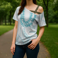 Aloha Lei Onaona Cross Shoulder Shirt Teal Hawaiian Tribal Pattern LT9 - Polynesian Pride