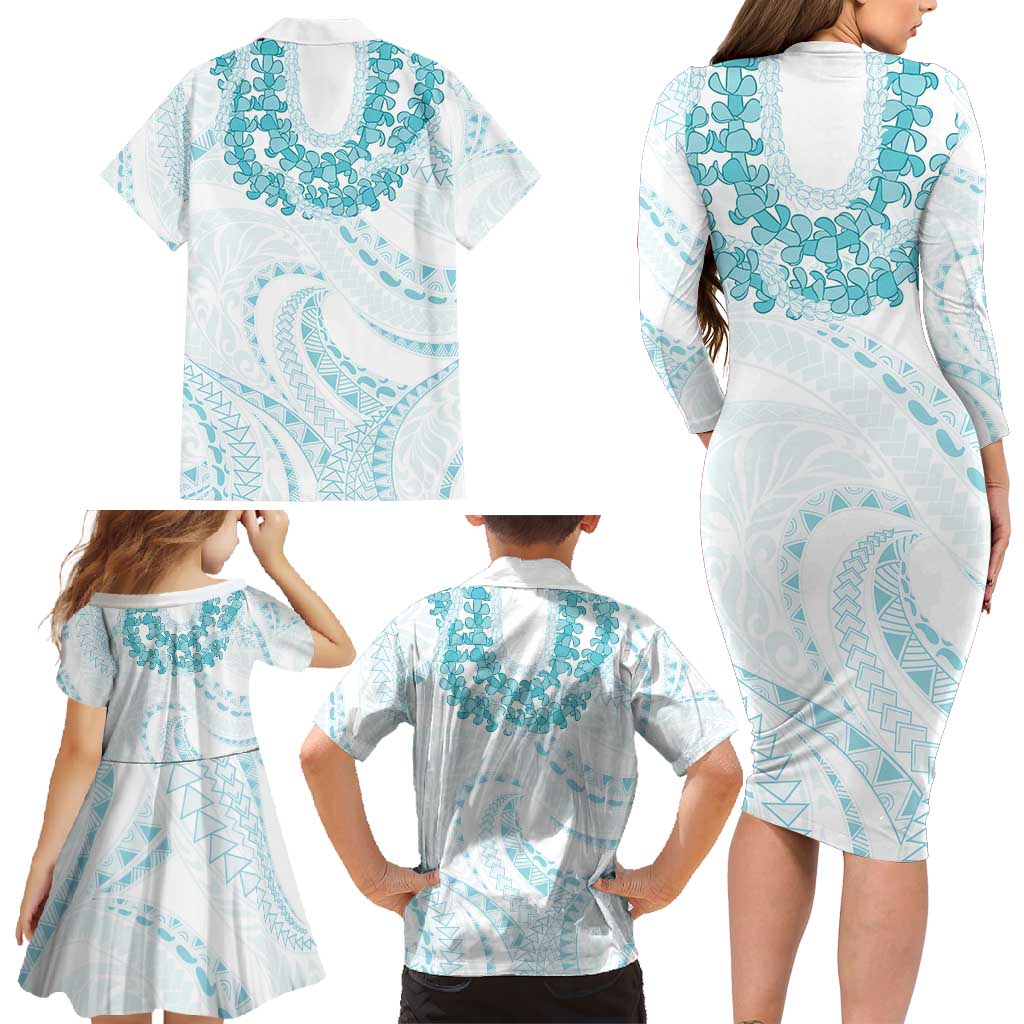 Aloha Lei Onaona Family Matching Long Sleeve Bodycon Dress and Hawaiian Shirt Teal Hawaiian Tribal Pattern LT9 - Polynesian Pride
