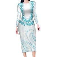 Aloha Lei Onaona Family Matching Long Sleeve Bodycon Dress and Hawaiian Shirt Teal Hawaiian Tribal Pattern LT9 Mom's Dress Teal - Polynesian Pride