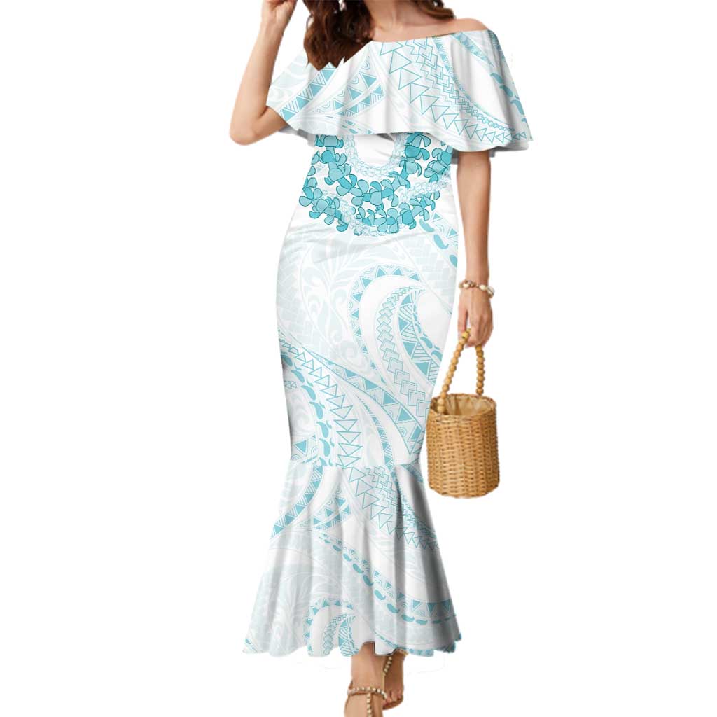 Aloha Lei Onaona Family Matching Mermaid Dress and Hawaiian Shirt Teal Hawaiian Tribal Pattern LT9 Mom's Dress Teal - Polynesian Pride