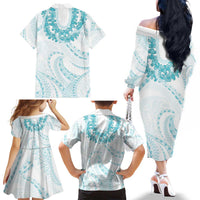 Aloha Lei Onaona Family Matching Off The Shoulder Long Sleeve Dress and Hawaiian Shirt Teal Hawaiian Tribal Pattern LT9 - Polynesian Pride