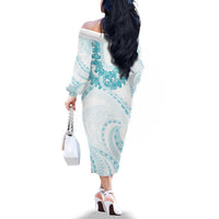 Aloha Lei Onaona Family Matching Off The Shoulder Long Sleeve Dress and Hawaiian Shirt Teal Hawaiian Tribal Pattern LT9 - Polynesian Pride