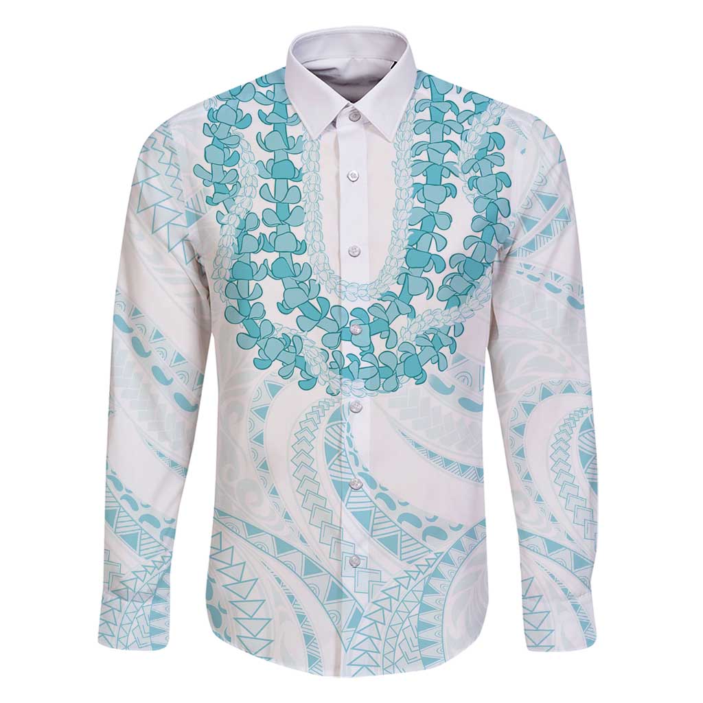 Aloha Lei Onaona Family Matching Off Shoulder Maxi Dress and Hawaiian Shirt Teal Hawaiian Tribal Pattern LT9 Dad's Shirt - Long Sleeve Teal - Polynesian Pride