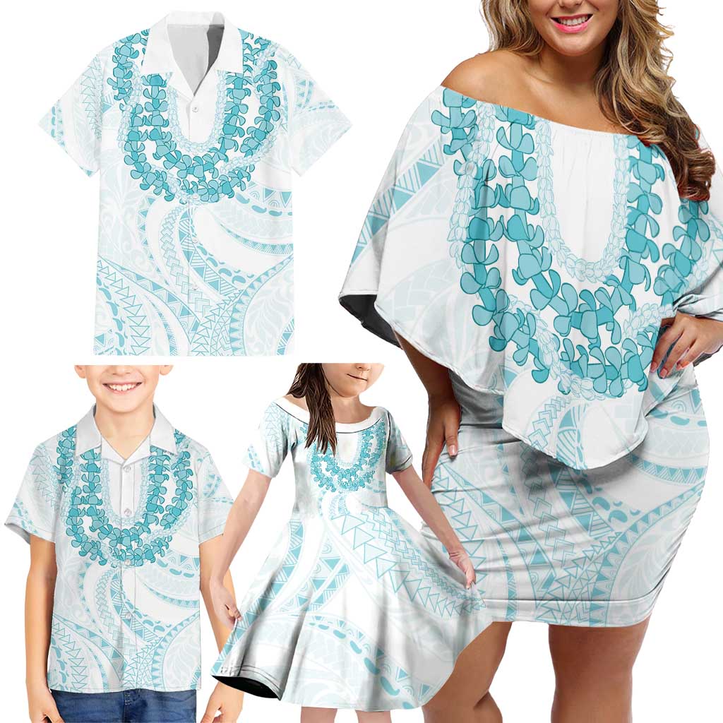 Aloha Lei Onaona Family Matching Off Shoulder Short Dress and Hawaiian Shirt Teal Hawaiian Tribal Pattern LT9 - Polynesian Pride