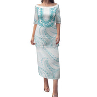 Aloha Lei Onaona Family Matching Puletasi and Hawaiian Shirt Teal Hawaiian Tribal Pattern LT9 Mom's Dress Teal - Polynesian Pride