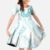 Aloha Lei Onaona Family Matching Short Sleeve Bodycon Dress and Hawaiian Shirt Teal Hawaiian Tribal Pattern LT9 Daughter's Dress Teal - Polynesian Pride