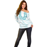 Aloha Lei Onaona Off Shoulder Sweater Teal Hawaiian Tribal Pattern