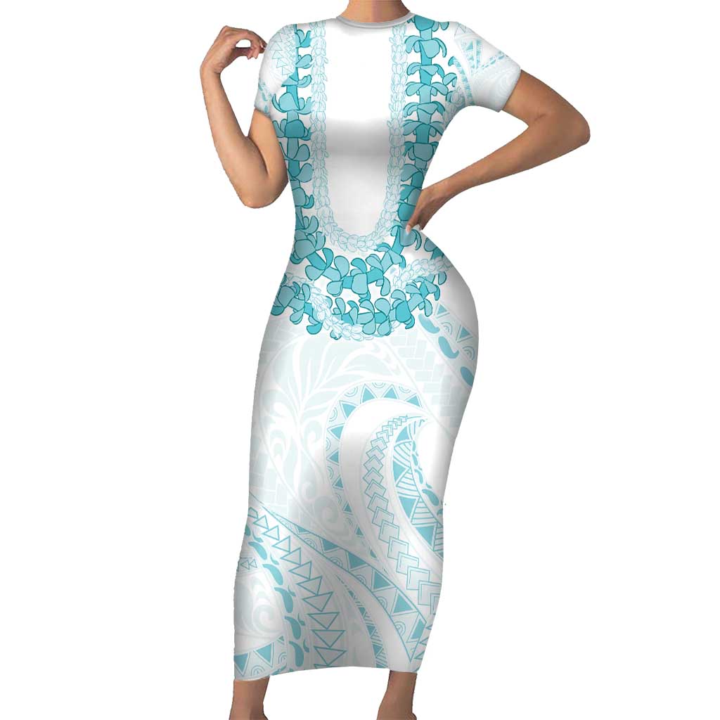 Aloha Lei Onaona Short Sleeve Bodycon Dress Teal Hawaiian Tribal Pattern