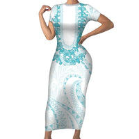 Aloha Lei Onaona Short Sleeve Bodycon Dress Teal Hawaiian Tribal Pattern