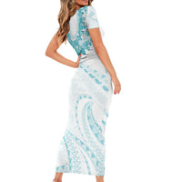 Aloha Lei Onaona Short Sleeve Bodycon Dress Teal Hawaiian Tribal Pattern