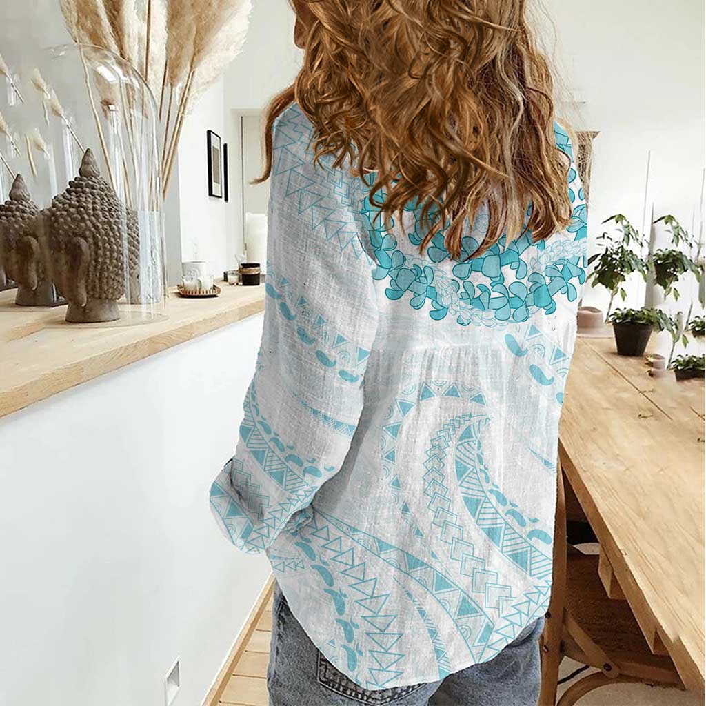 Aloha Lei Onaona Women Casual Shirt Teal Hawaiian Tribal Pattern