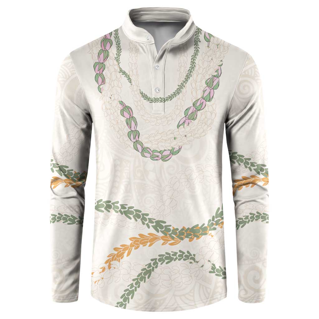 Aloha Lei Mikioi Button Sweatshirt Beige Polynesian Tribal Tatau Pattern
