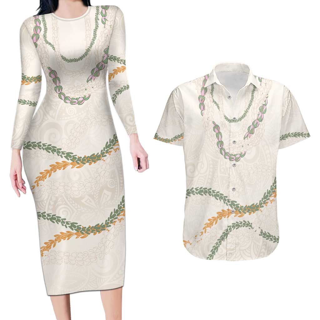 Aloha Lei Mikioi Couples Matching Long Sleeve Bodycon Dress and Hawaiian Shirt Beige Polynesian Tribal Tatau Pattern LT9 Beige - Polynesian Pride