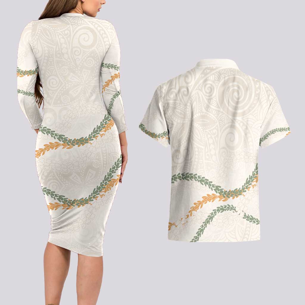 Aloha Lei Mikioi Couples Matching Long Sleeve Bodycon Dress and Hawaiian Shirt Beige Polynesian Tribal Tatau Pattern LT9 - Polynesian Pride