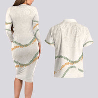 Aloha Lei Mikioi Couples Matching Long Sleeve Bodycon Dress and Hawaiian Shirt Beige Polynesian Tribal Tatau Pattern LT9 - Polynesian Pride